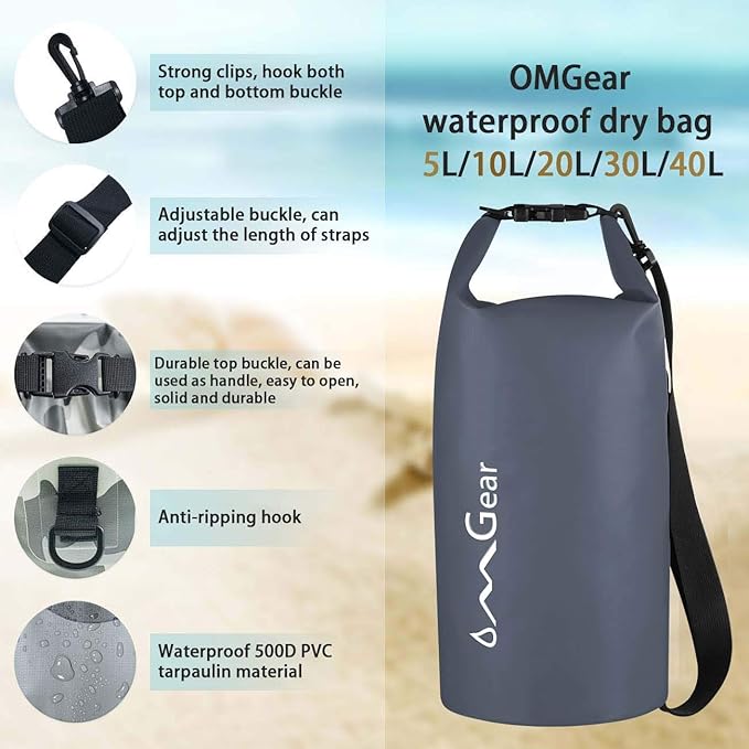 OMGear Waterproof Dry Bag Backpack Phone Pouch 40L/30L/20L/10L/5L Floating Dry Sack for Kayaking Boating Outdoors Activities