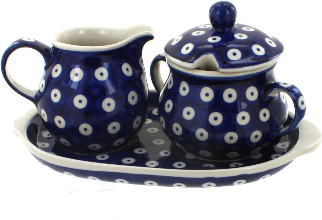 Blue Rose Polish Pottery Dots Sugar & Creamer with Tray
