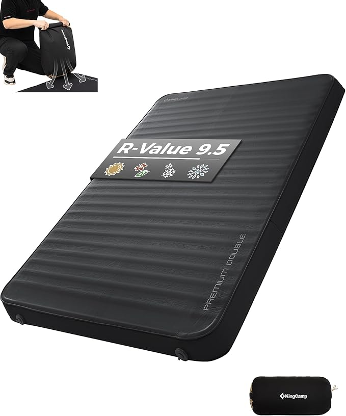 KingCamp Double Sleeping Pad, 2 Person Queen R 7.9 Self Inflating Sleeping Pad, 3" Ultra Thick Full Size Foam Mattress Mat with Pump Sack for Camping Outdoor Tent Car, PVC Free (Black)
