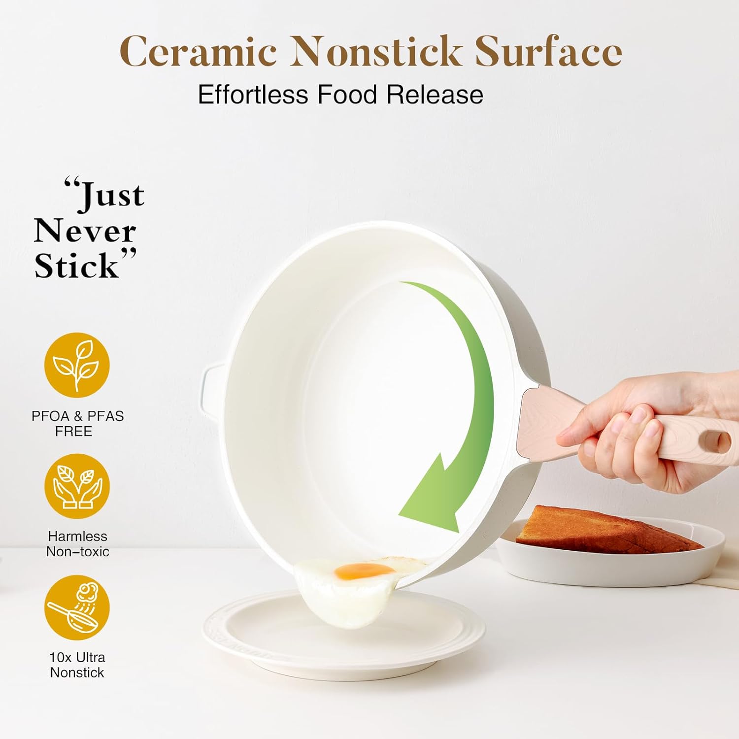 Nonstick Ceramic Deep Frying Pan, 10 Inch Non Toxic Skillet with Lid, Healthy Jumbo Cooker, Saute Pan for Cooking, Induction Cookware, PFOA & PFAS Free (Cream)