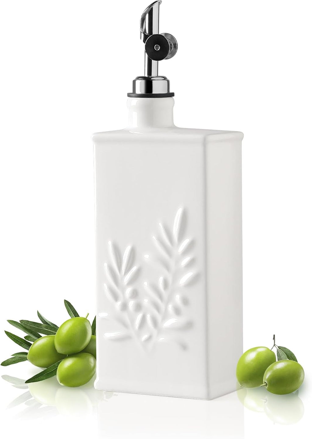 Sweejar Ceramic Olive Oil Dispenser Bottle for Kitchen, 17 Oz Relief Opaque Oil and Vinegar Dispenser Bottle with Spout, Suitable for Soy Sauce, Coffee Syrup, Liquids (White)