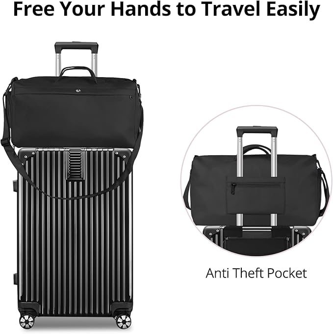 Sports Gym Bag for Women, Travel Workout Duffel Overnight Shoulder Bags with Shoes Compartment and Wet Pocket Lightweight Weekend Waterproof Black