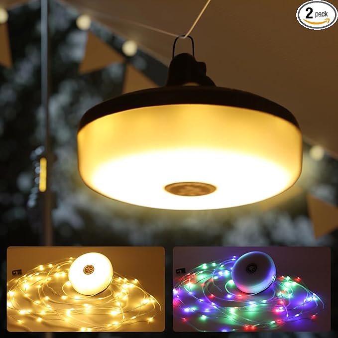 2 Pack Camping String Lights - 4 in 1 Outdoor Lights with 8 Lighting Modes, USB Charge & Battery Indicator, Durable & Waterproof for Camping Yard Hiking, Portable & Easy-to-Store (32.8ft)