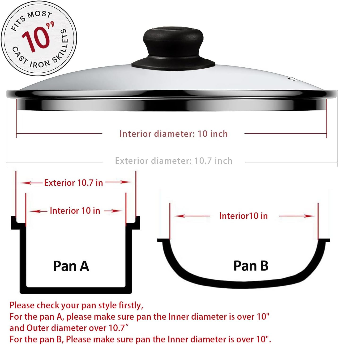 10 Inch Pan Lid Replacement Glass Lid for Pans, Pots, Skillets and Cast Iron, Clear, 1 Set