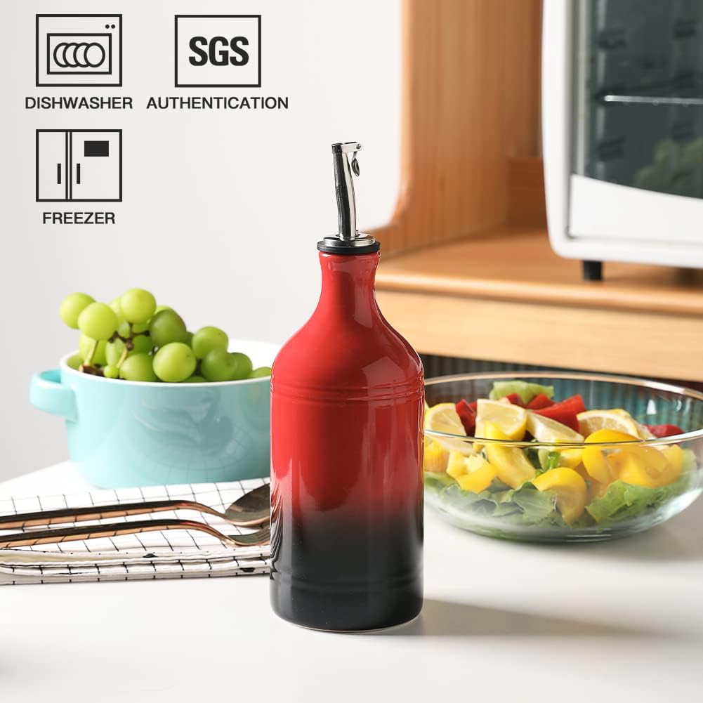 Sweejar Ceramic Olive Oil Dispenser Bottle, Opaque Oil Cruet Protects Oil to Reduce Oxidation, Suitable for Oil, Vinegar, Coffee Syrups & Other Liquids, Pack of 1, 15.5 Fl Oz (Gradient Red)