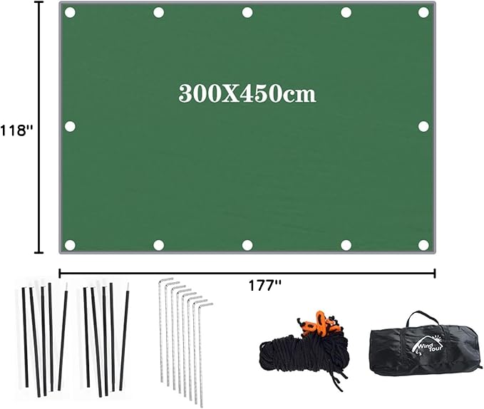 Wind Tour Portable Multifunctional Outdoor Camping Traveling Awning Backpacking Tarp Sunshade Lightweight UV Protection and PU 3000mm Waterproof Rain Fly Tarp Shelter (118 * 177 inches)