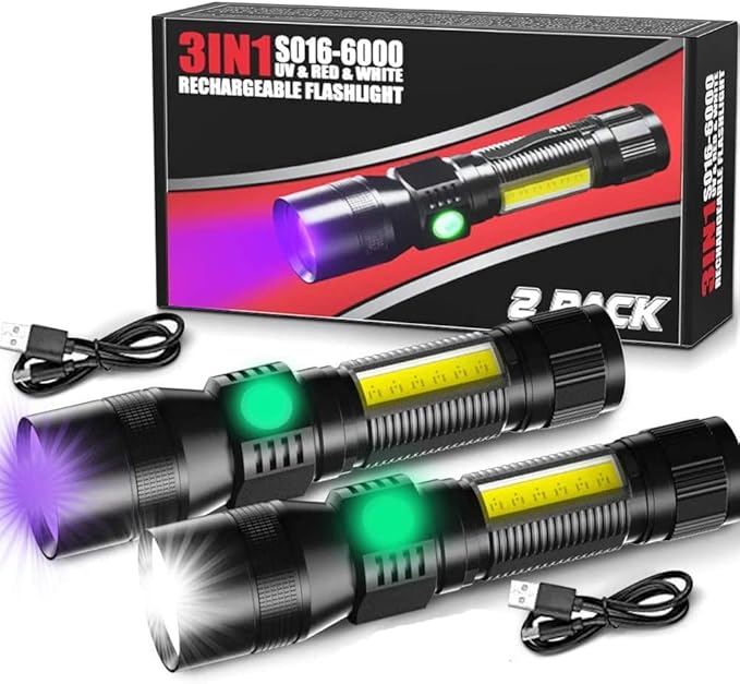 Black Light UV Flashlight Rechargeable, 3in1 Super Bright Tactical Flashlights LED UV Black Light &Redlight, 2000Lumen 7Modes, Zoomable, Waterproof Pocket Flashlight for Pet Stains Detection,Camping