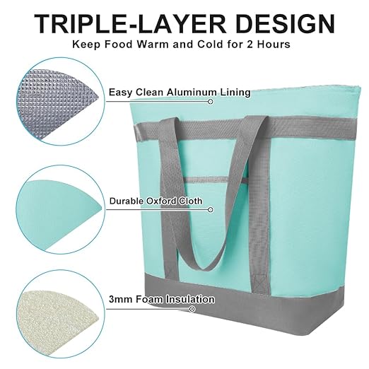 2Pk Insulated Reusable Tote Bag for Grocery Shopping for Women/Men, Pizza/Food Delivery Bag to Keep Food Cold/Hot for Uber Eats/Doordash/Grubub, Cooler bags for Travel/Beach/Picnic, Green