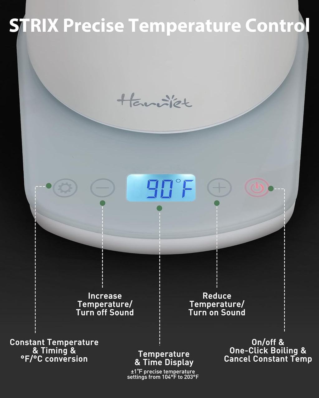 Harriet Gooseneck Electric Kettle - 1200W Fast Heat, 0.8L Stainless Steel, Precision Temp Control & Timer, Wood Handle, Pour Over Coffee and Tea, White