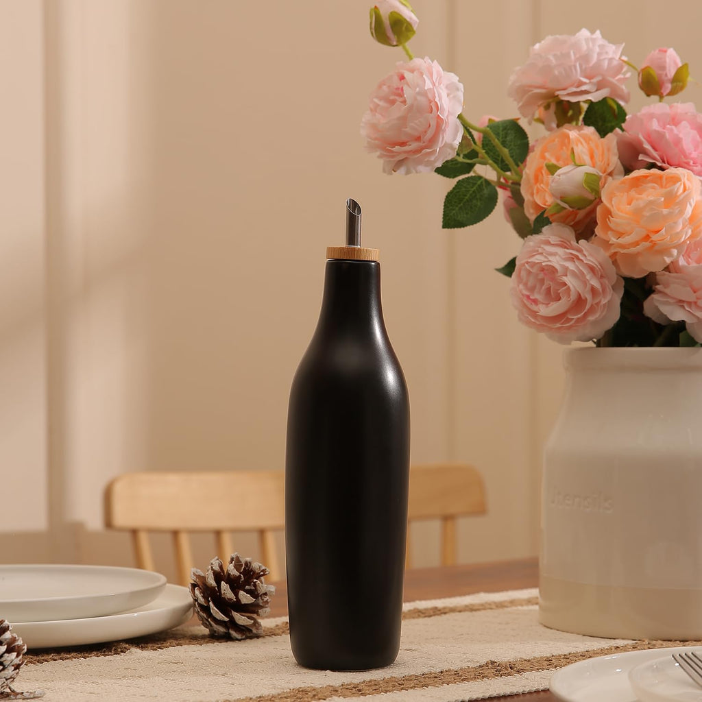 HOMCDALY Ceramic Olive Oil Dispenser for Kitchen, Stoneware 16oz Oil and Vinegar Bottles Dispenser, Kitchen Dispenser Bottle for EVOO Vinegar Syrups, Modern Farmhouse Design(B)