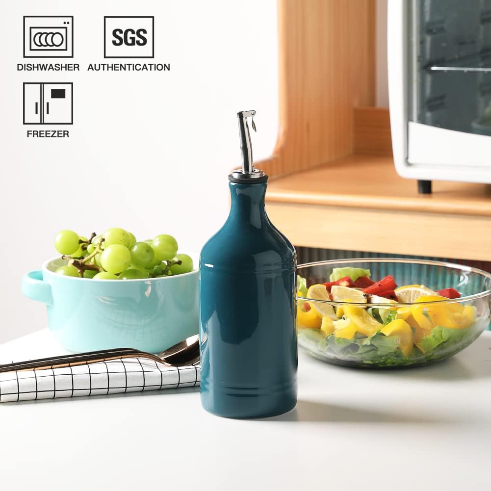 Sweejar Ceramic Olive Oil Dispenser Bottle, Opaque Oil Cruet Protects Oil to Reduce Oxidation, Suitable for Storage Oil, Vinegar, Coffee Syrups & Other Liquids, Pack of 1, 15.5 Fl Oz (Teal Green)