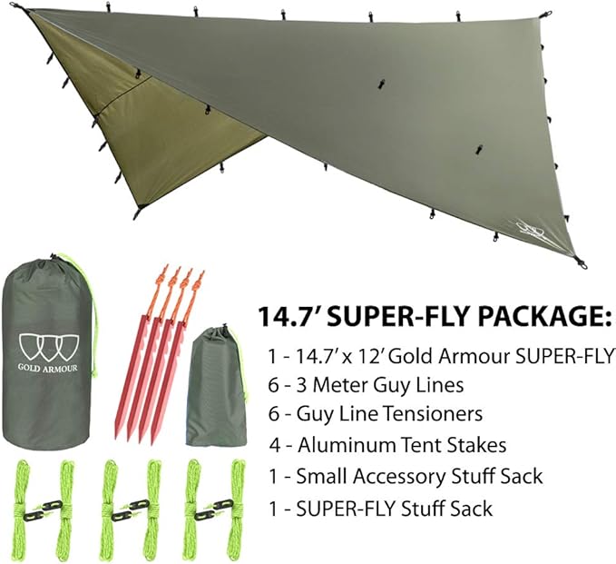 Gold Armour Rainfly Tarp Hammock, Premium 14.7ft/12ft/10ft/8ft Rain Fly Cover, Waterproof Ultralight Camping Shelter Canopy, Survival Equipment Gear Camping Tent Accessories (OD Green 14.7ft x 12ft)