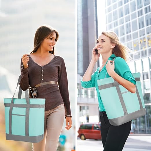 2Pk Insulated Reusable Tote Bag for Grocery Shopping for Women/Men, Pizza/Food Delivery Bag to Keep Food Cold/Hot for Uber Eats/Doordash/Grubub, Cooler bags for Travel/Beach/Picnic, Green