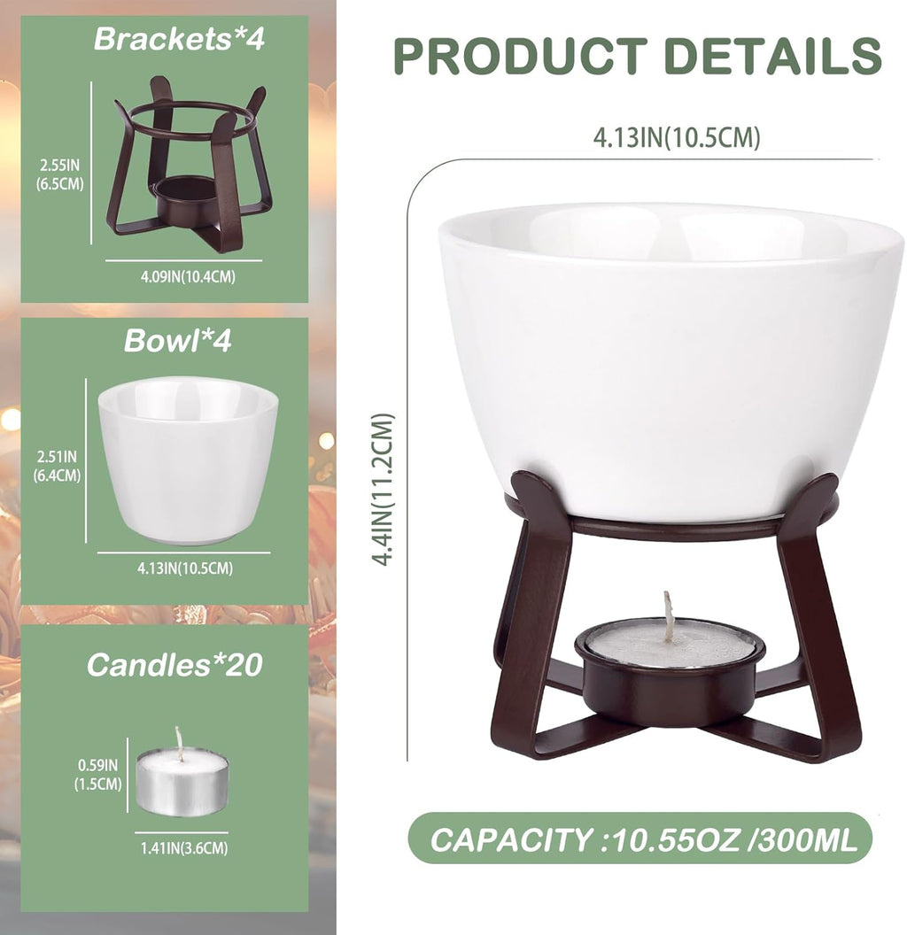 4 Pieces Large Butter Warmers,Butter Warmers for Seafood with 20 Pieces Tealight Candles,Ceramic Butter Warmer Set for Chocolate or Cheese,Fondue- Dishwasher&Microwave Safe,Oven Safe(10.55oz)