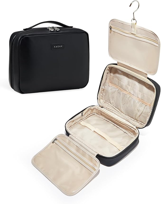 EACHY Travel Toiletry Bag with Hanging Hook, Portable Makeup Cosmetic Bags for Women, Water-Resistant Full-Size Travel Accessories (Black)