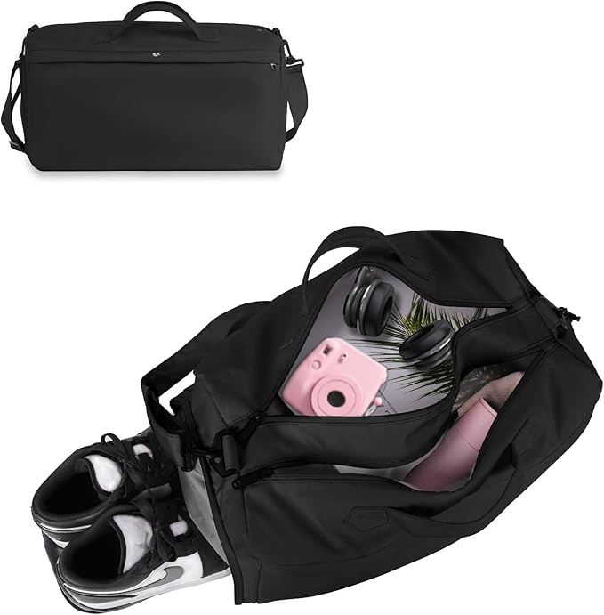Sports Gym Bag for Women, Travel Workout Duffel Overnight Shoulder Bags with Shoes Compartment and Wet Pocket Lightweight Weekend Waterproof Black