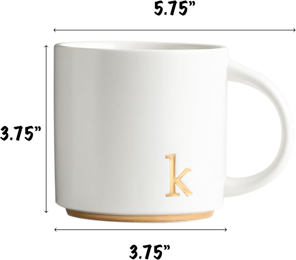 COLLECTIVE HOME - Monogram Ceramic Mugs, 15 oz Golden Initial Coffee Cups, Elegant Alphabet Tea Mugs, Elegant Personalized Mug with Gift Box, Luxurious Cups for Office and Home (k)