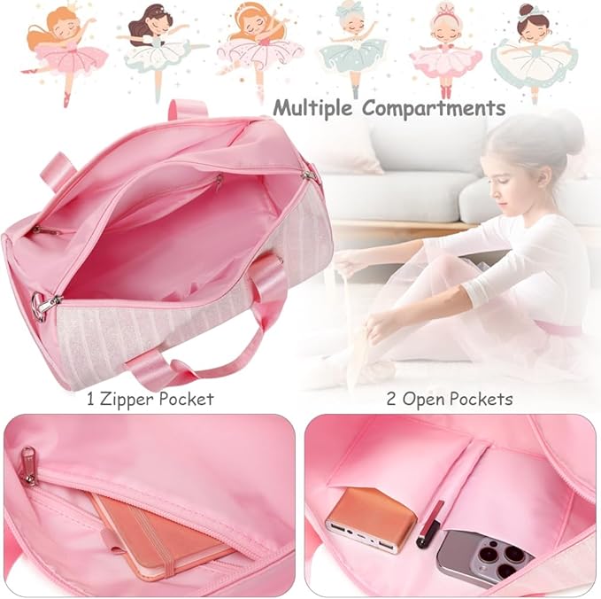 Dance Bag for Girls Dancers Ballet Bag Shiny Glitter Sports Gym Duffle for Little Girls Ballerina Duffel with Shoulder Strap and Furball Keychain