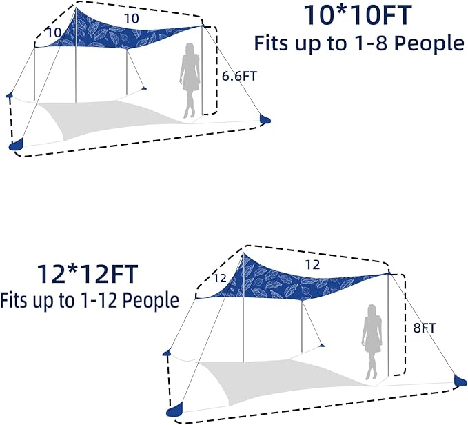 UMARDOO Family Beach Tent Canopy Sun Shade Portable, Large Compact Beach Sun Shelter Easy Setup with Packable Bag for Outdoor Travel (Printed Blue, 12X12 FT. 4Poles)