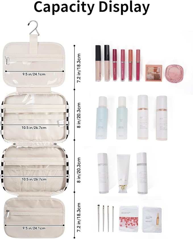 Narwey Hanging Toiletry Bag for Women Travel Makeup Bag Organizer Toiletries Bag for Travel Size Essentials Accessories Cosmetics (Black Checkerboard (Medium))