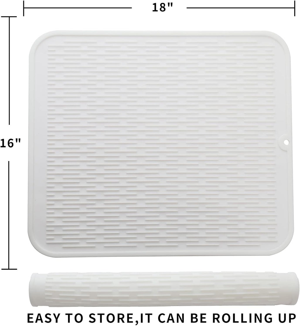 Silicone Dish Drying Mat for Multiple Usage,Easy clean,Eco-friendly,Heat-resistant Silicone Mat for Kitchen Counter or Sink,Refrigerator or Drawer Liner White XL 18 inches x 16 inches