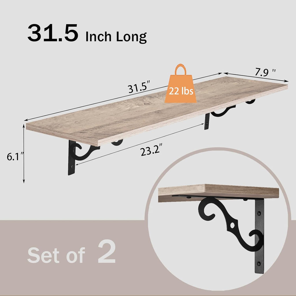 DINZI LVJ Long Wall Shelves, 31.5 Inch Large Floating Shelves Set of 2, Wide Display Shelf Wall Mounted with Brackets, Easy Hanging for Living Room, Toilet, Office, Bedroom, Greige