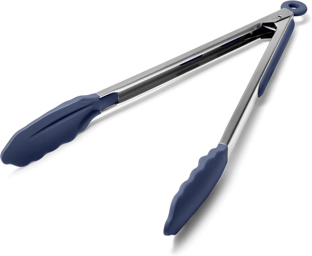 Doosu Kitchen Tongs for Cooking - 600°F Heat Resistant Food Tong with Non-Scratch Silicone Tips, Heavy Duty Stainless Steel Locking Tong for BBQ, Grilling Steak, Serving Salad Pasta (12in, Navy Blue)