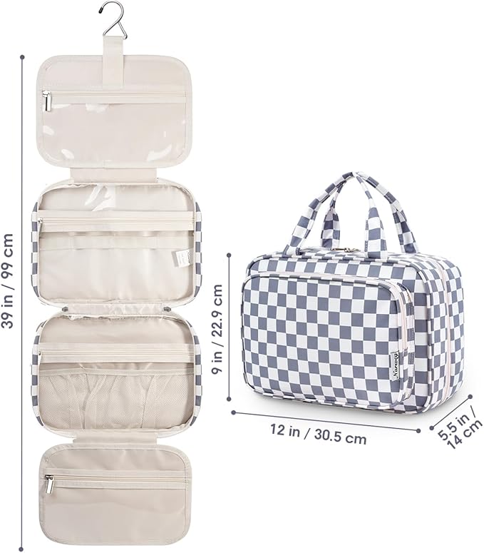 Narwey Travel Toiletry Bag for Women Large Hanging Makeup Bag Organizer Toiletries Bag for Full Size Essentials Accessories Cosmetics (Grayish Blue Checkerboard (Large))