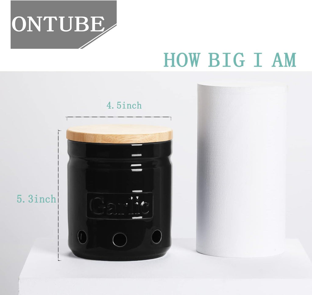 ONTUBE Large Garlic Keeper with Wooden Lid, Ceramic Garlic Holder Storage, Garlic Container for Kitchen, Garlic Saver to Keep Your Garlic Cloves Fresh Longer 4.5-Inch, Black