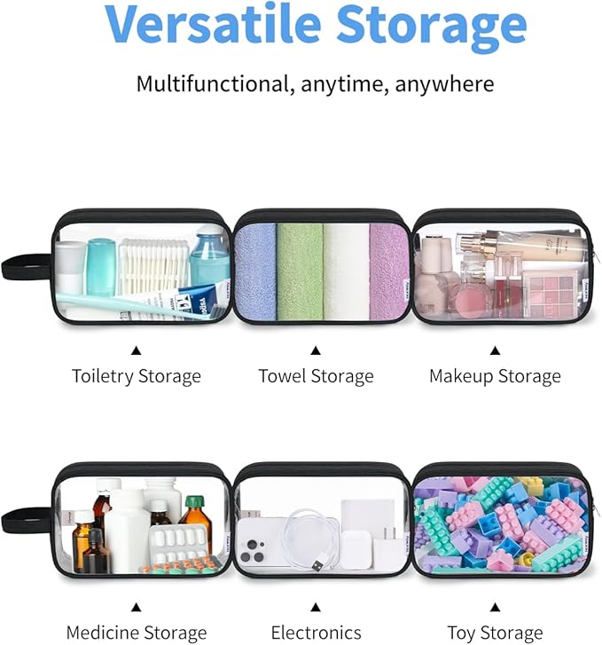 Narwey Clear Travel Toiletry Bags for Traveling Toiletries Men Women, Clear Makeup Bag Cosmetic Bag with Zipper, Make Up Pouch Organizer Bags with Handle, Skincare Bag (Black)