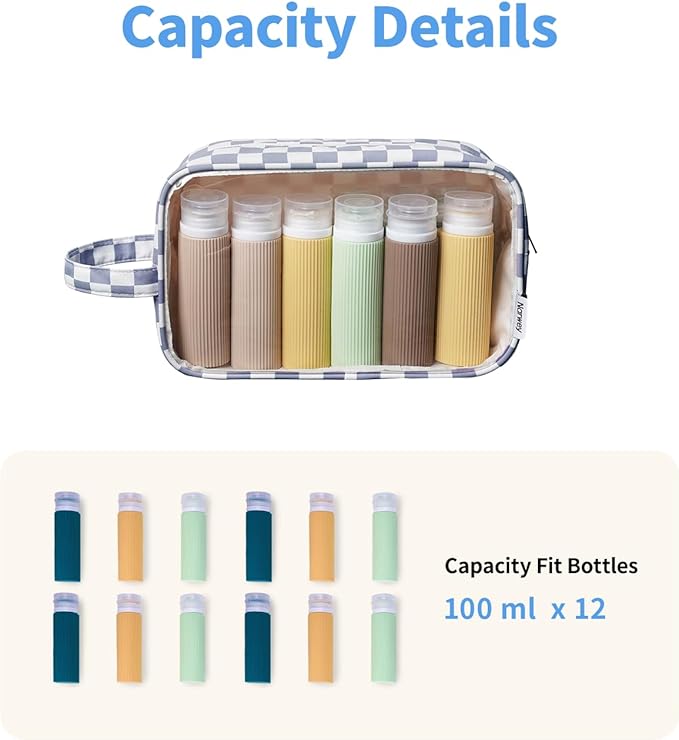 Narwey Checkered Clear Makeup Bag Cosmetic Bag with Zipper for Travel, Clear Toiletry Bags for Traveling Toiletries Wome Men, Make Up Pouch with Handle, Skincare Bag (Grayish Blue Checkerboard)