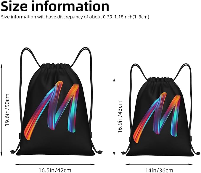 Drawstring Bags Initial Drawstring Backpack Sackpack Black Draw String Cinch Bags for Sports, Gym, Travel, Swimming, Beach, Camping, Rainbow Letter M