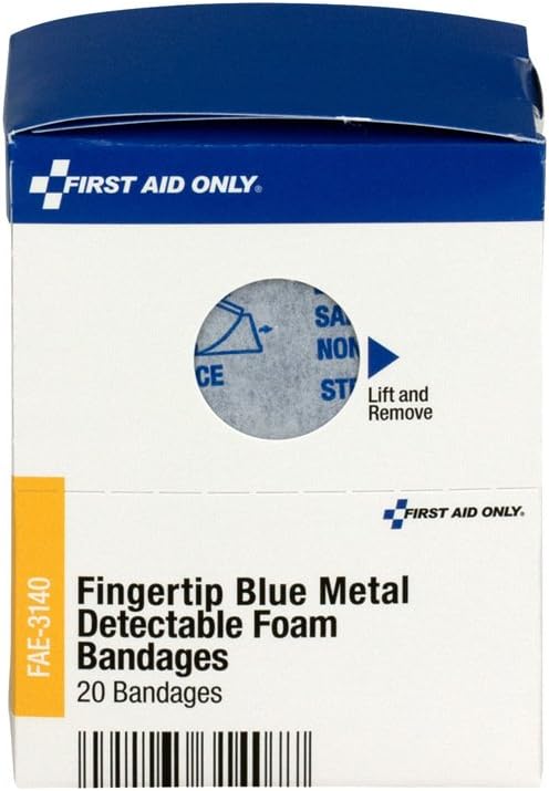 First Aid Only FAE-3140 SmartCompliance Refill Blue Metal Detectable Foam Fingertip Bandages, First Aid Kit Refill Supplies for Business, Food Service, Restaurants, Worksites, and Home, 20 Count