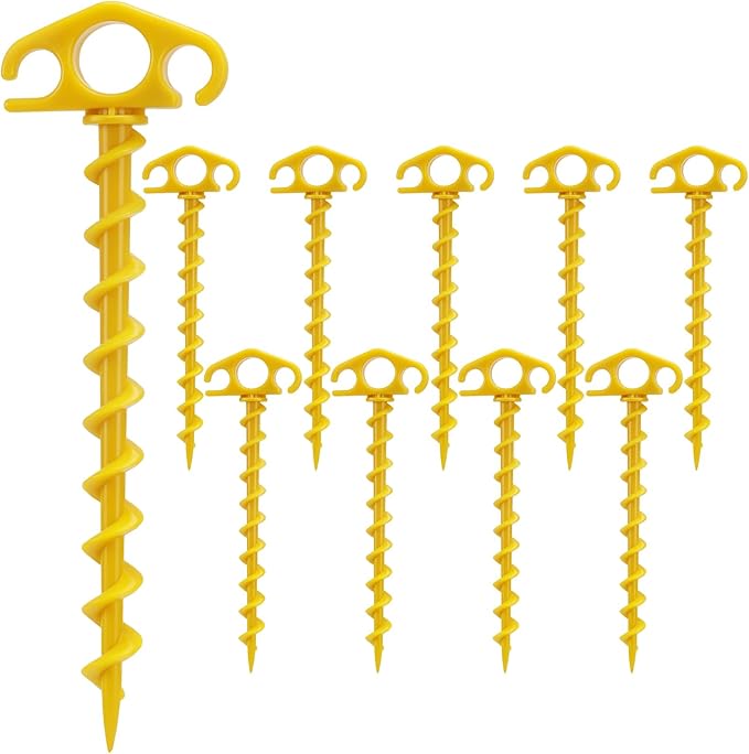 Tent Stakes Sand Stakes for Beach Tent 10 Pack Spiral Anchor Stakes 9.4 Inch Heavy Duty Screw Canopy Stakes for Camping, Hiking and More (10, Yellow)