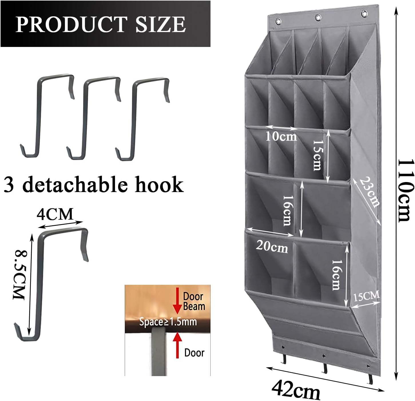 Over the Door Shoe Organizer, Grey 16 Pockets Hanging Shoe Storage Rack with Large Deep Pockets, Oxford 600D Fabric Shoe Storage Rack with 6 hook for Shoes, Home Accessories etc (Grey, 16-Grids)