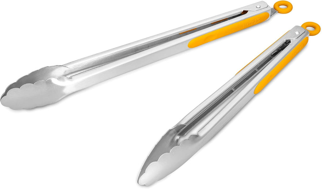 304 Stainless Steel Kitchen Cooking Tongs, 12" and 14" Set of 2 Sturdy Grilling Barbeque Brushed Locking Food Tongs with Ergonomic Grip, Orange
