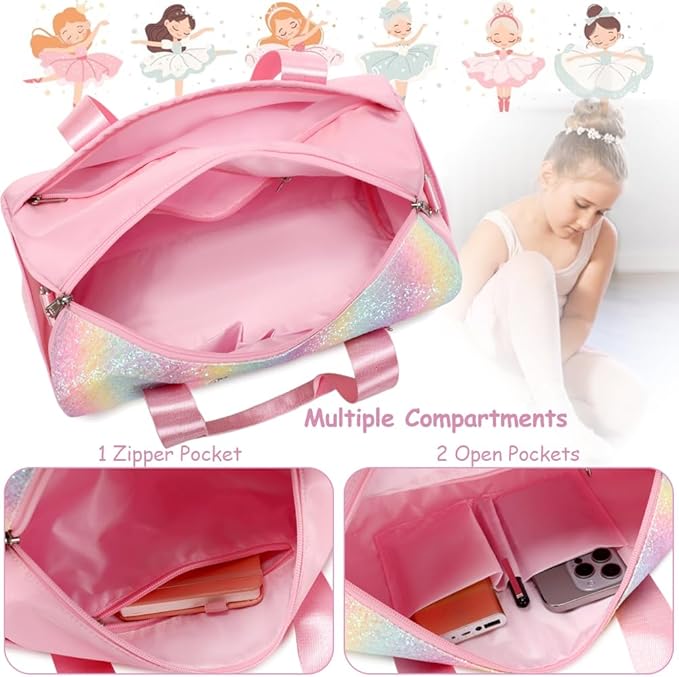 Ballet Dance Bag for Girls Dancers Shiny Rainbow Glitter Sports Duffle Bag for Kids Girls Ballerina Duffle with Shoulder Strap and Waterproof Wet Pocket