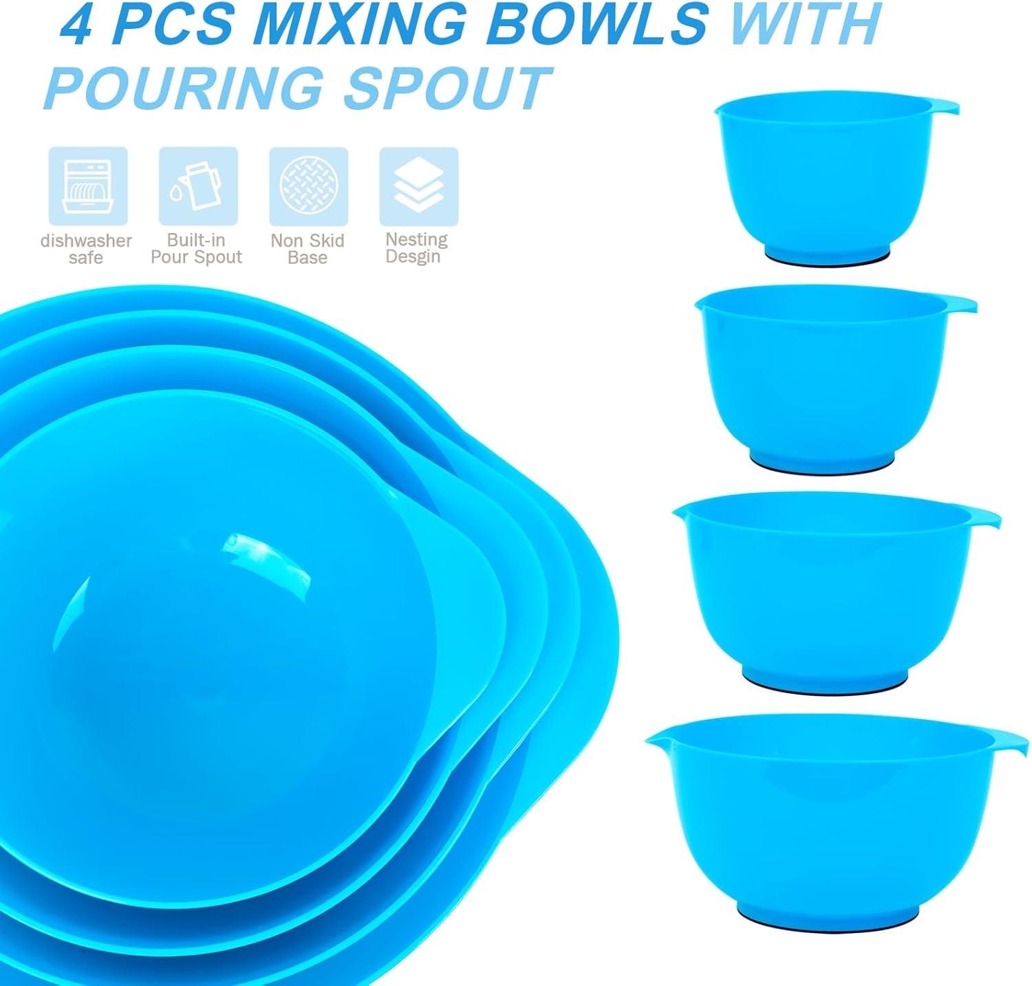 BoxedHome 4 Quart Large Plastic Mixing Bowls, Microwave Safe Mixing Bowl Set with Pour Spout, Nesting Bowls for Space Saving Storage(Teal)
