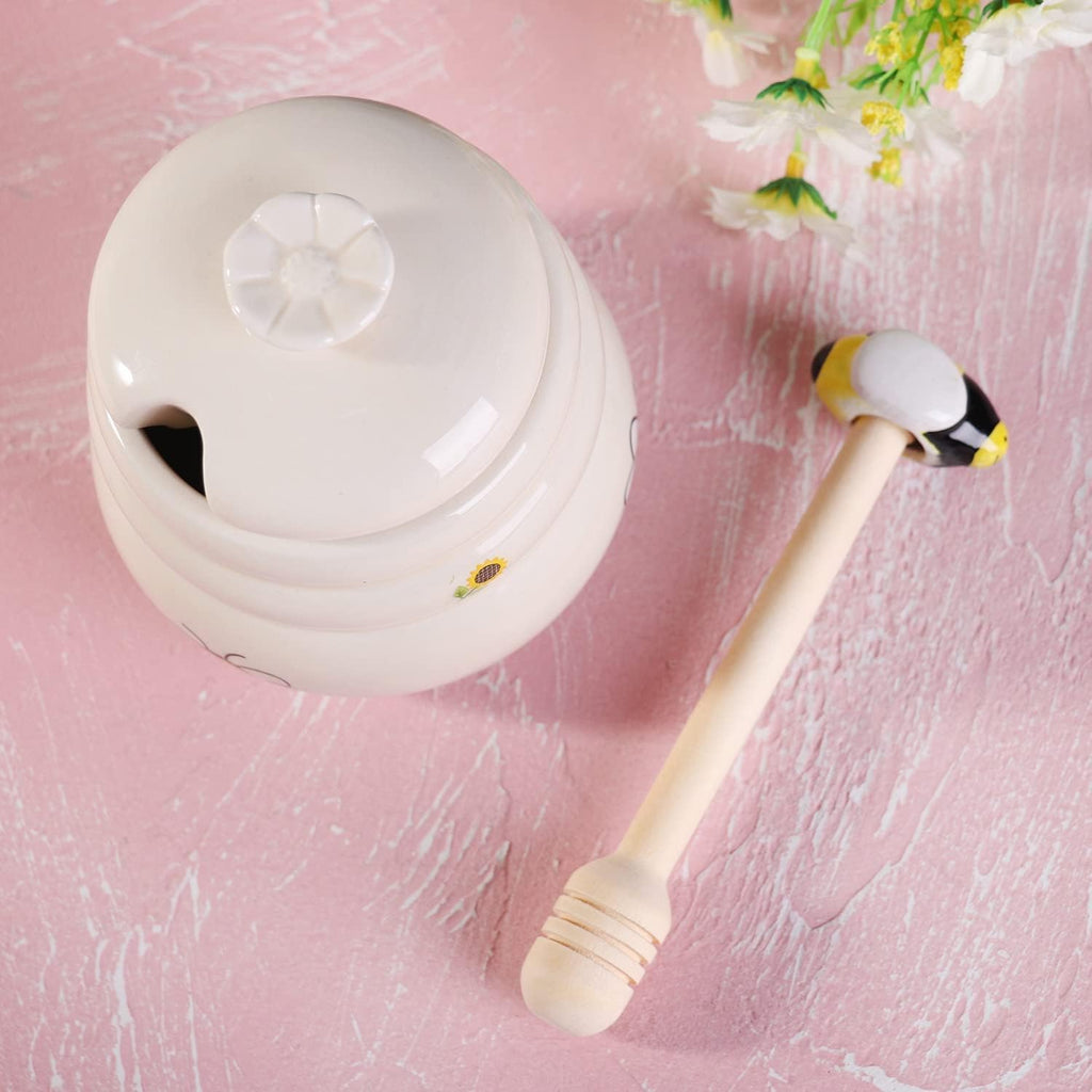 Ceramic Honey Jar with Wooden Honey Dipper-Honey Pot with Dipper- Honey Jar with Stand, Great Bee Decor- Farmhouse Kitchen Decoration (Honey Jar-Bee)