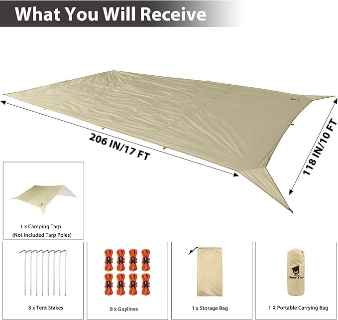 GEERTOP Portable Backpacking Tent Tarp 17 x 10 ft Large Hammock Rain Fly Tarp Shelter Camp Awning for Outdoor Travelling - No Includes Poles