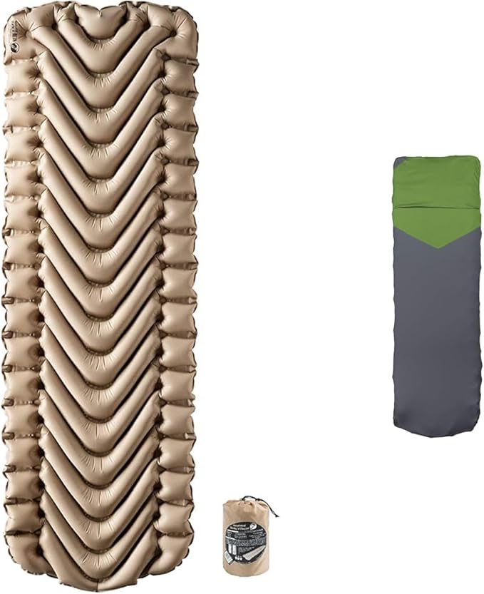 Klymit Insulated Static V Inflatable Camping Sleeping Pad and Static V Sheet Pad Cover Bundle, One Size, Coyote Sand