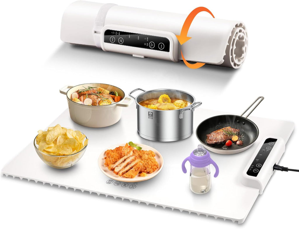 Warming Mat for Food, Full Surface Heating Electric Warming Tray for Food, 3-Temperature Settings Portable Food Warming Mat, Auto Shut-Off Rollable Warming Trays for Buffets Party, Gatherings White