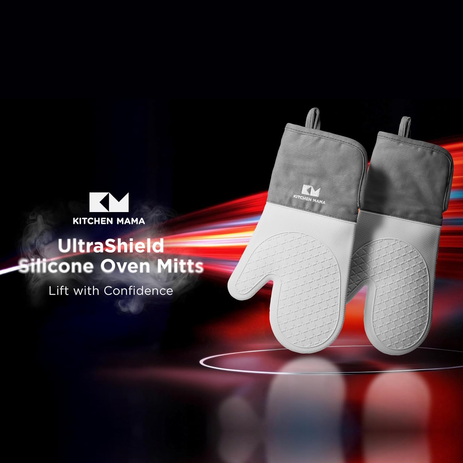 Kitchen Mama UltraShield Silicone Oven Mitts Heat Resistant – Non-Slip, Stain-Resistant, Silicone Cooking Mitts & Pot Holders for Baking, Grilling, Heat Resistant Cooking Gloves (Metal Gray)