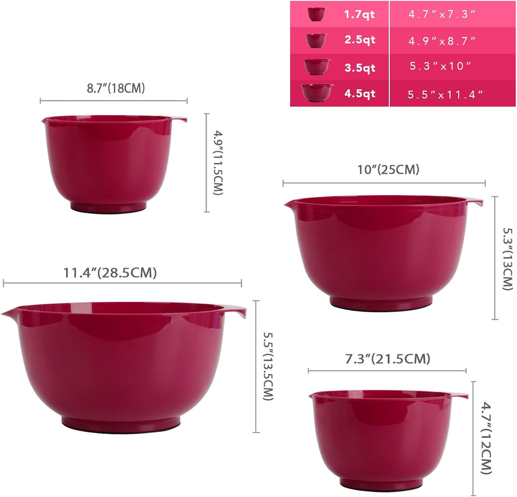 BoxedHome Nesting Plastic Mixing Bowl Set, 4 Piece Mixing Bowl Set with Pour Spouts, Size 1.7, 2.5, 3.5 and 4.5qt, for Prepping, Mixing, Baking, Cooking, Deep Carmine