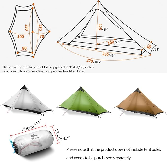 3F UL Gear Lanshan1 Ultralight Tent 3/4 Season Portable Backpacking Tent for 1-Person 15D Silicon Coated Waterproof Poleless Double Layer Tent for Camping, Climbing, Hiking