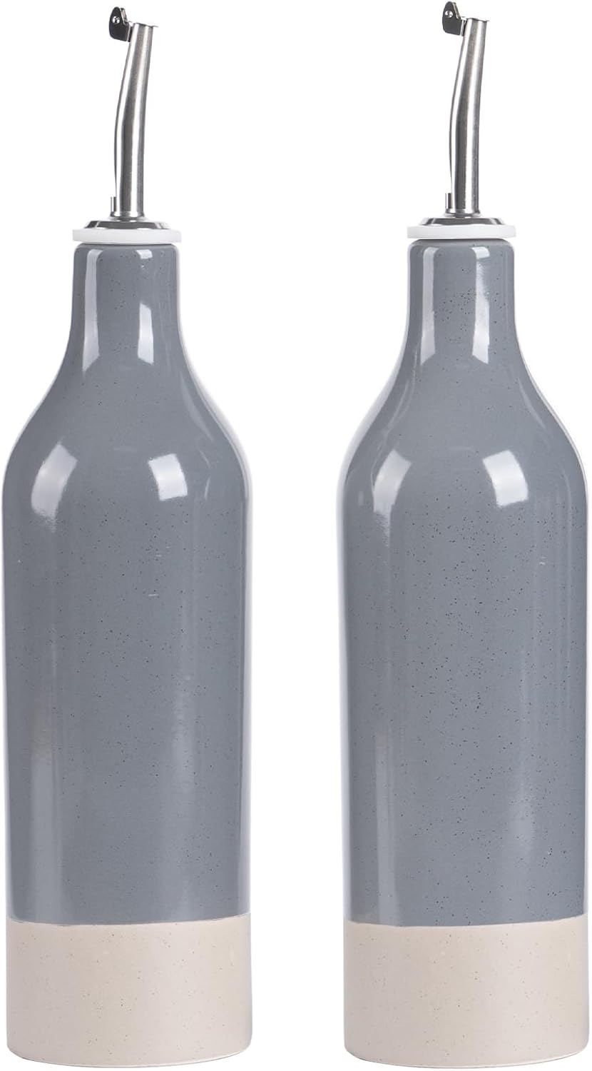 famiware Milkyway 16oz Ceramic Olive Oil Dispenser Bottle, Olive Oil and Vinegar Dispenser Bottle Set of 2 with Stainless Steel Pourers, Suitable for Storage Vinegar, Liquids, Dark Gray
