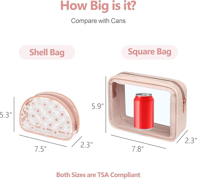 PACKISM TSA Approved Toiletry Bag - Rose Pink Flower Print Clear Shell Bag and Upgrade Color-Edged Quart Size Bag, Perfect for On the Go or Travel, Lightweight and Robust, 2 Pack