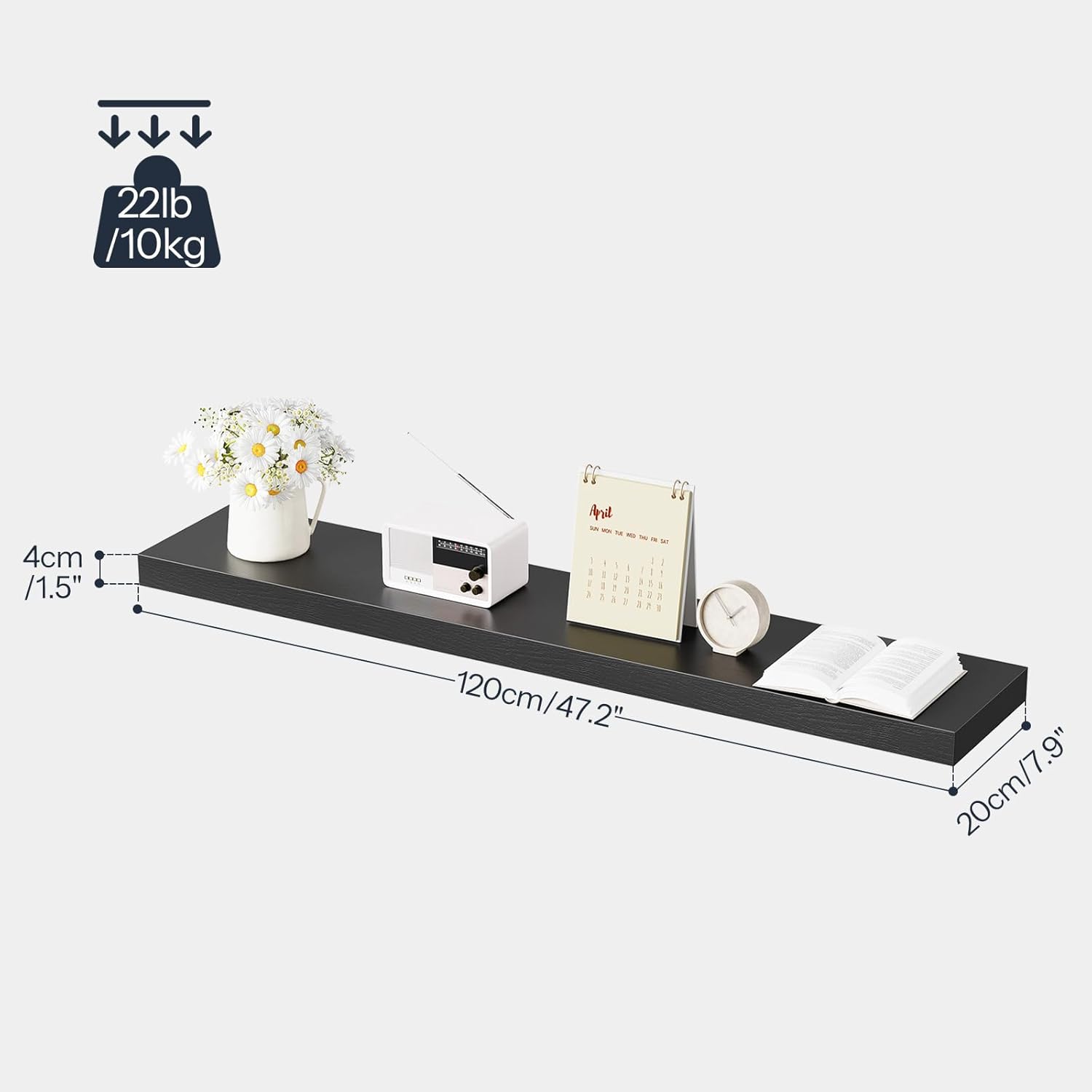 HOOBRO Floating Shelves for Wall, Wall Mounted Shelf Set of 2, 47.2" Hanging Shelf with Invisible Brackets, for Wall in Bathroom, Bedroom, Toilet, Kitchen, Living Room, Office, Black BK120BJP201