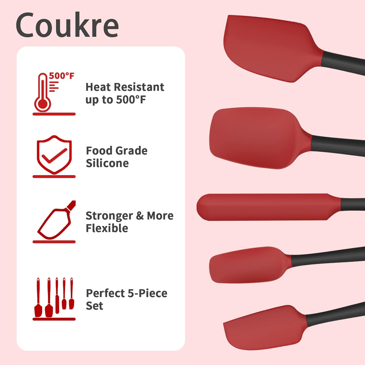 Coukre Silicone Spatula Set of 5,High Temperature Resistant, Food Grade Silicone, Dishwasher Safe, for Baking, Cooking (Red)