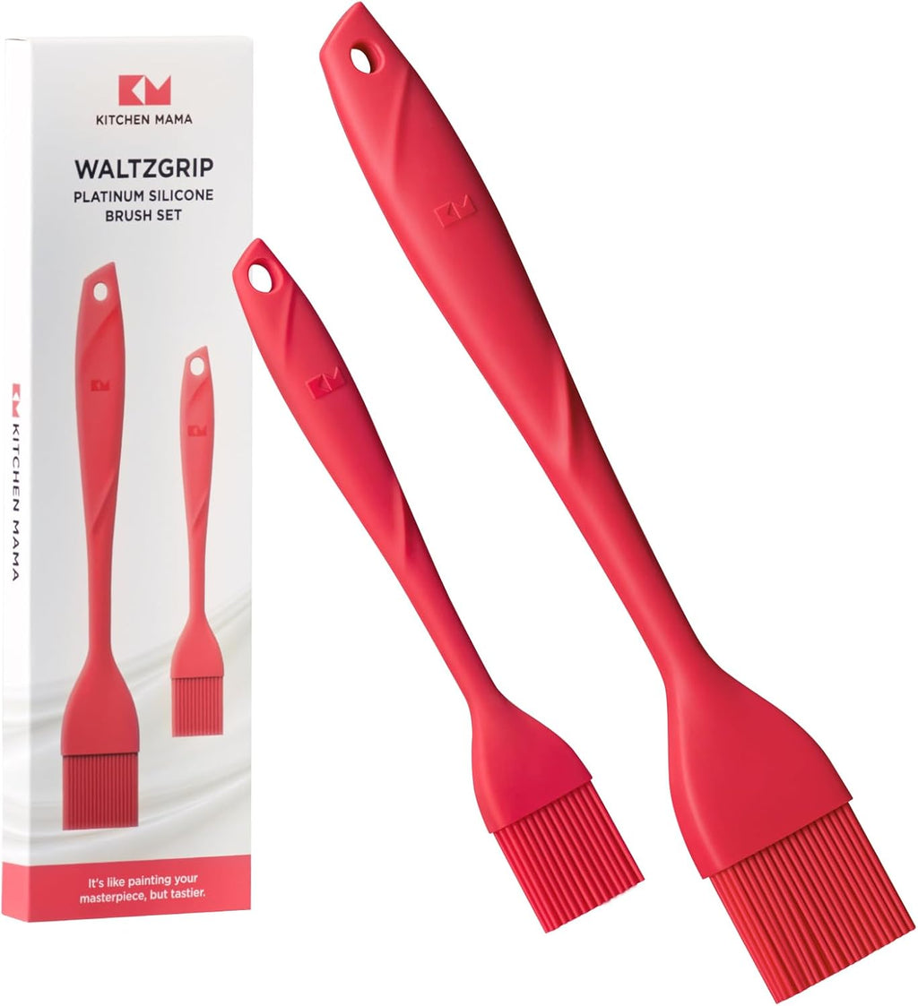 Kitchen Mama WaltzGrip Platinum Silicone Basting Pastry Brush: Set of 2 Heat-Resistant Brushes Utensils for Cooking, Baking, Grilling, Barbecue, and Spreading Oil, Butter, Egg - Dishwasher-Safe (Red)